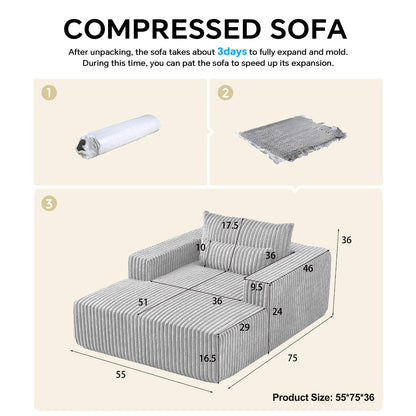 Gray Modular Corduroy Lounge Chair for Living Room, Deep Seat Single Recliner Sofa with Support Pillows, Ready to Use, No Assembly