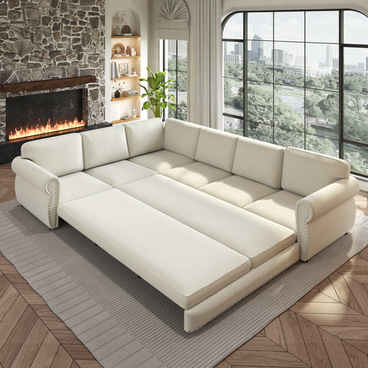 L-Shaped Chenille Sectional Sofa with Pull-Out Bed & Rolled Arm