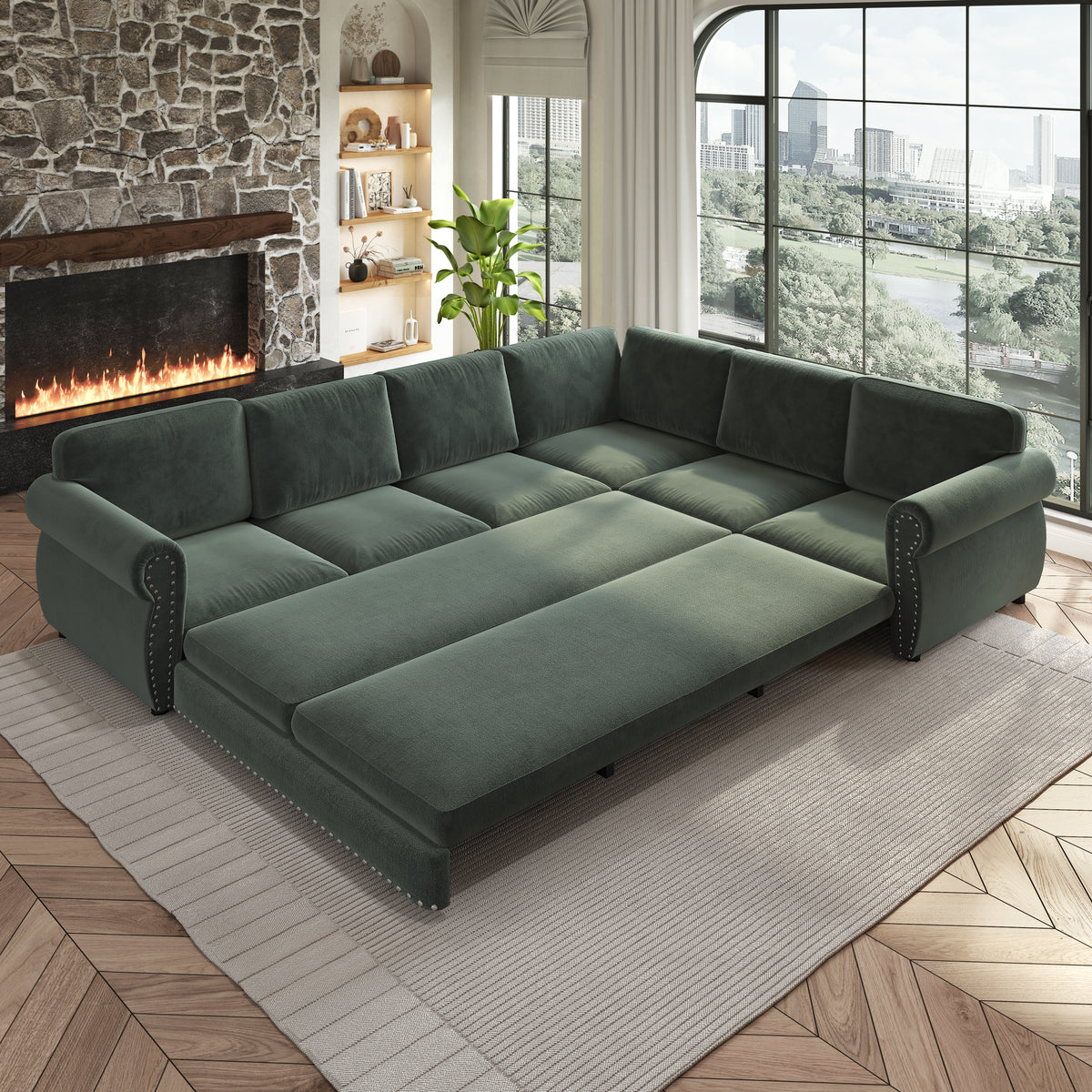 118" Oversized Convertible Sleeper Sofa with Nailhead Trim, L-Shaped Couch