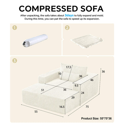 White Corduroy Accent Sofa Chair, Comfy Single Chaise with Square Armrests and Cushions, No-Assembly Leisure Seating for Bedroom or Living Room