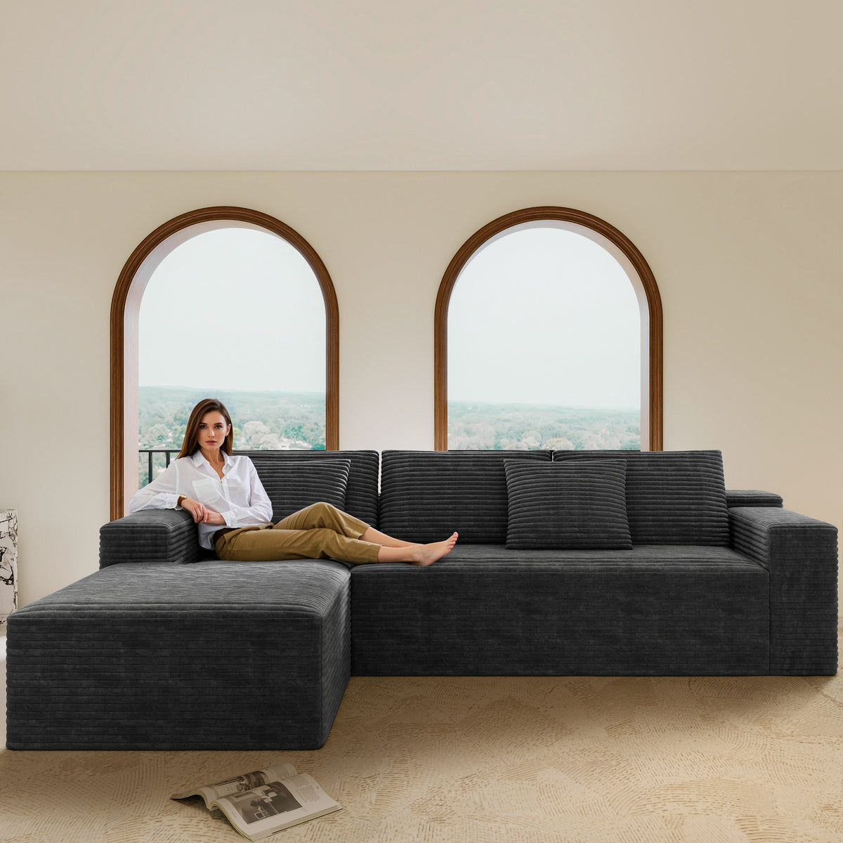 2PC Modular Sectional Sofa, Plush Corduroy Upholstered Couch, No Assembly
