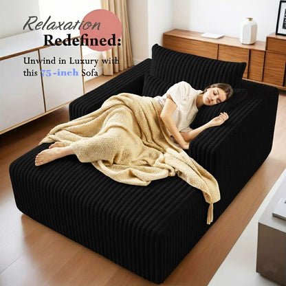Black Corduroy Chaise Lounge Sofa, Oversized Single Leisure Chair with Square Arms, Support Pillows, No Assembly Needed for Living Room