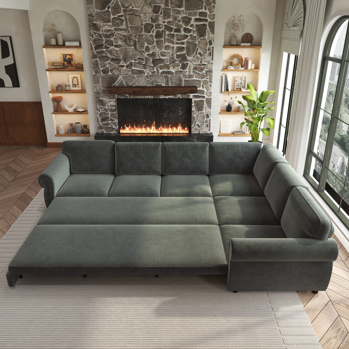 L-Shaped Chenille Sectional Sofa with Pull-Out Bed & Rolled Arm