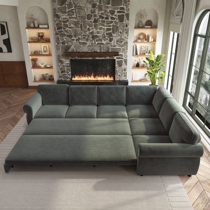 L-Shaped Chenille Sectional Sofa with Pull-Out Bed & Rolled Arm