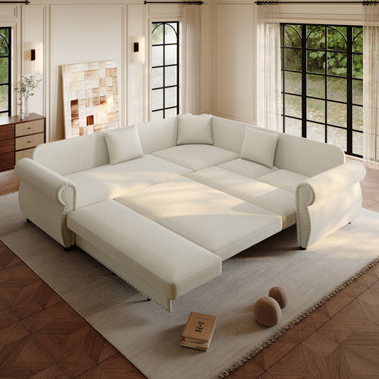 88.2" L-Shaped Chenille Sectional Sofa with Pull-Out Bed & Rolled Arm