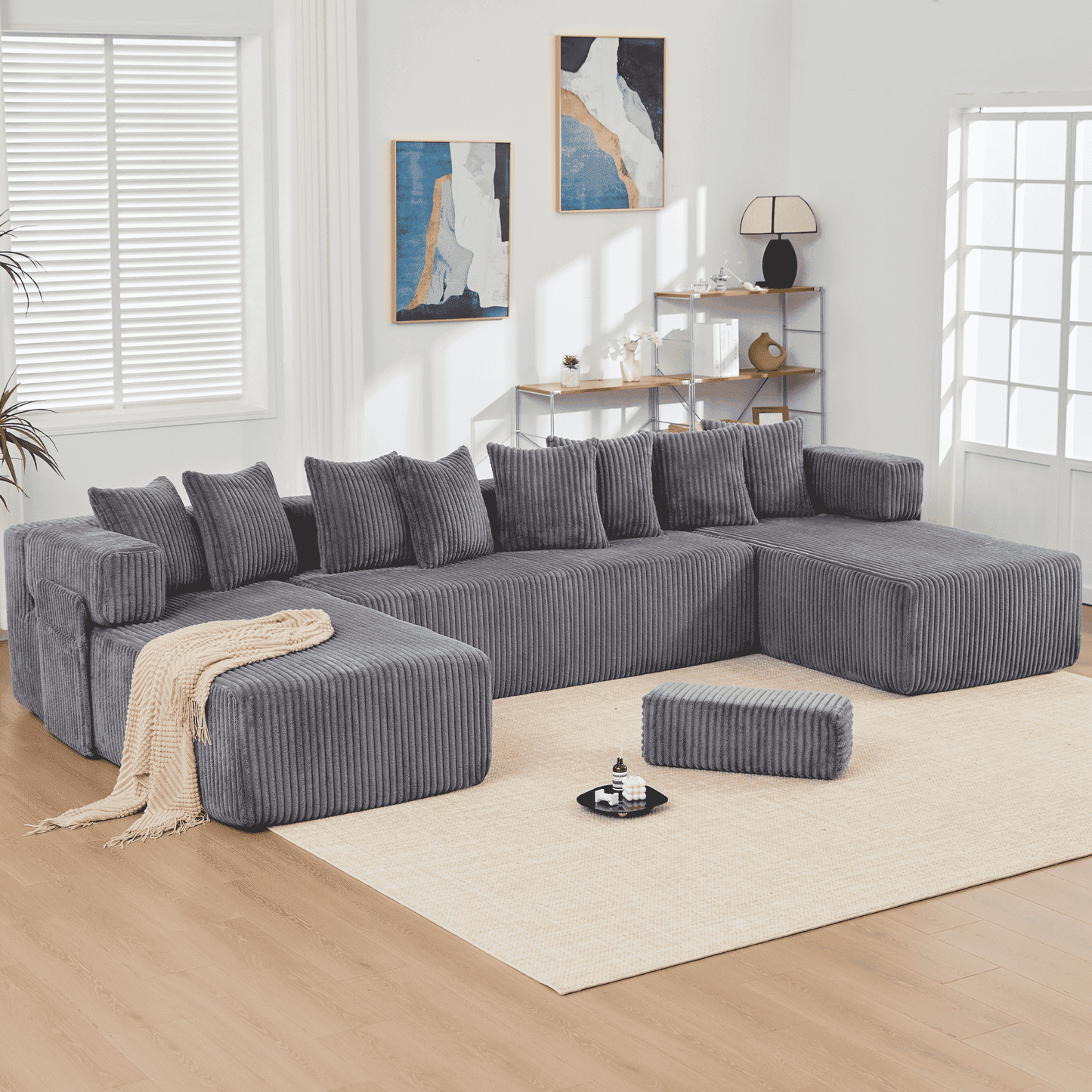 Dark Gray Oversized Modular Sectional Sofa – 6-Seat Convertible L-Shaped Corduroy Couch with Free Combination Design