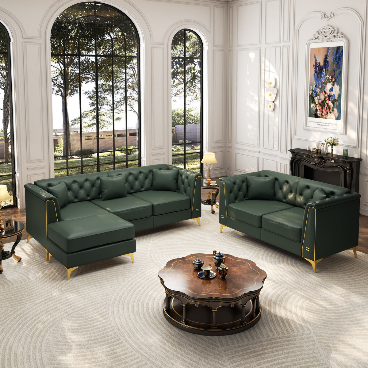 5 Pillows Light Luxury Chesterfield Sofa, Faux Leather, Metal Trim Armrests, Button Tufting & Thin Metal Legs