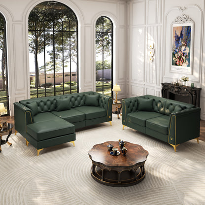 5 Pillows Light Luxury Chesterfield Sofa, Faux Leather, Metal Trim Armrests, Button Tufting & Thin Metal Legs