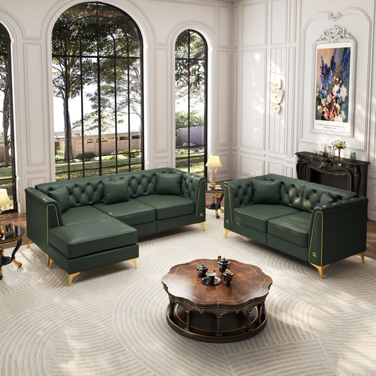 5 Pillows Light Luxury Chesterfield Sofa, Faux Leather, Metal Trim Armrests, Button Tufting & Thin Metal Legs