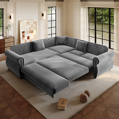 88.2" L-Shaped Chenille Sectional Sofa with Pull-Out Bed & Rolled Arm