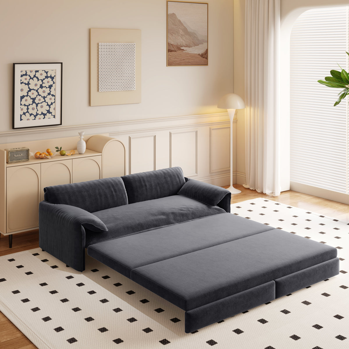 3-in-1 Convertible Queen Sofa Bed with Side Storage, Velvet Loveseat