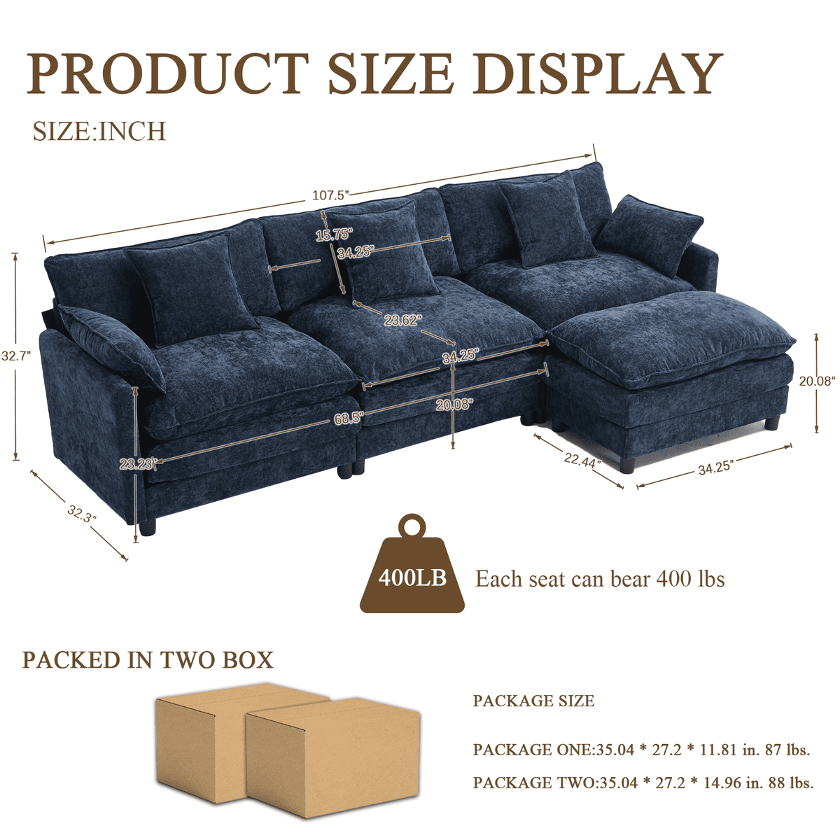 108" 4-Seater L-Shaped Modular Chenille Sofa with Ottoman, Deep Seat Cloud Couch