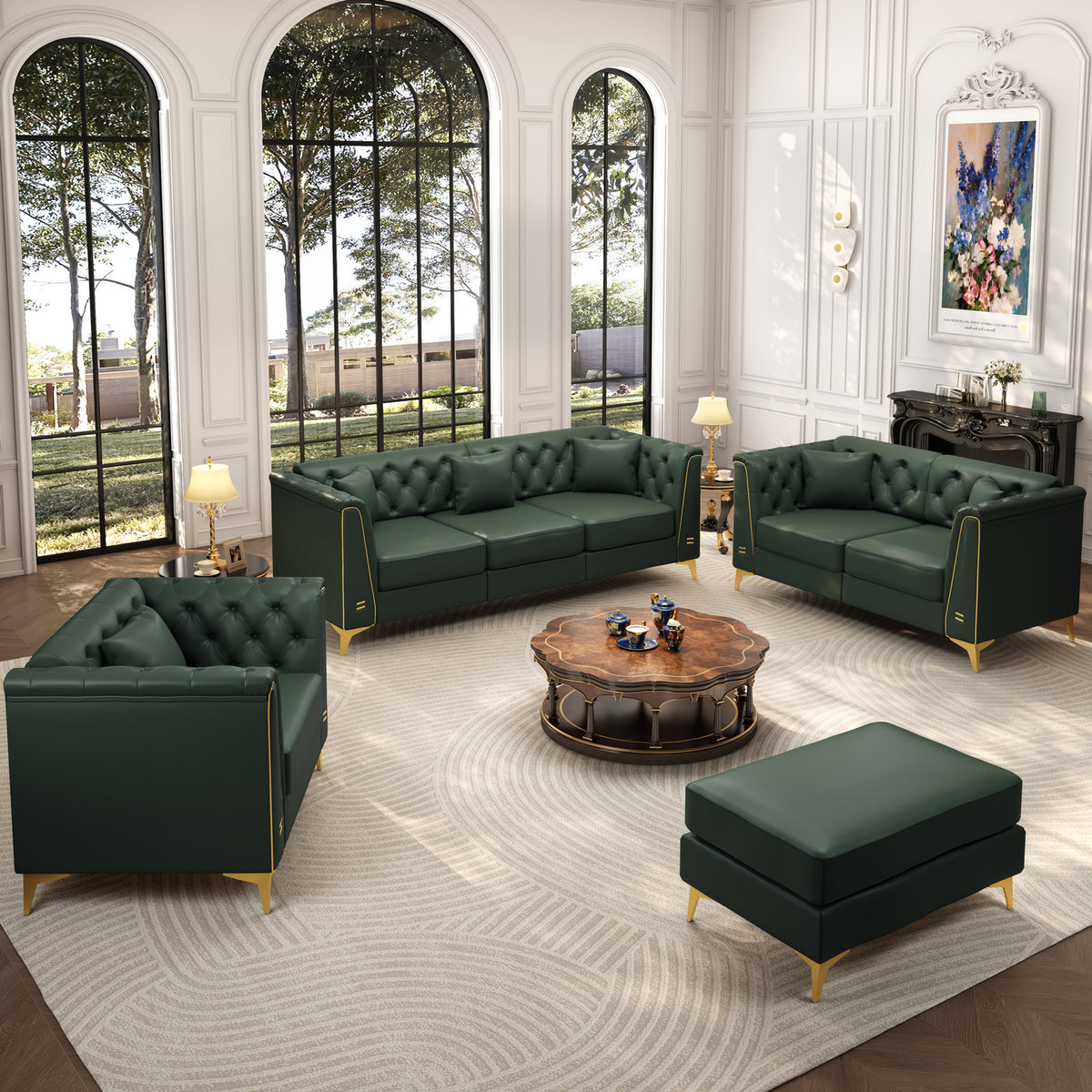 6 Pillows Light Luxury Chesterfield Sofa, Faux Leather, Thin Metal Legs, Metal Trim Armrests & Button Tufting