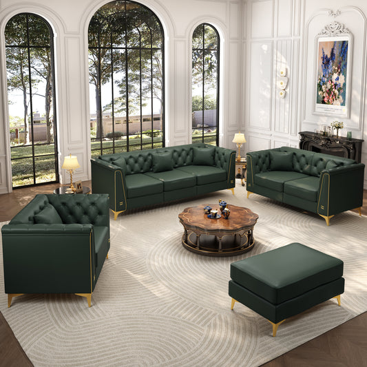6 Pillows Light Luxury Chesterfield Sofa, Faux Leather, Thin Metal Legs, Metal Trim Armrests & Button Tufting