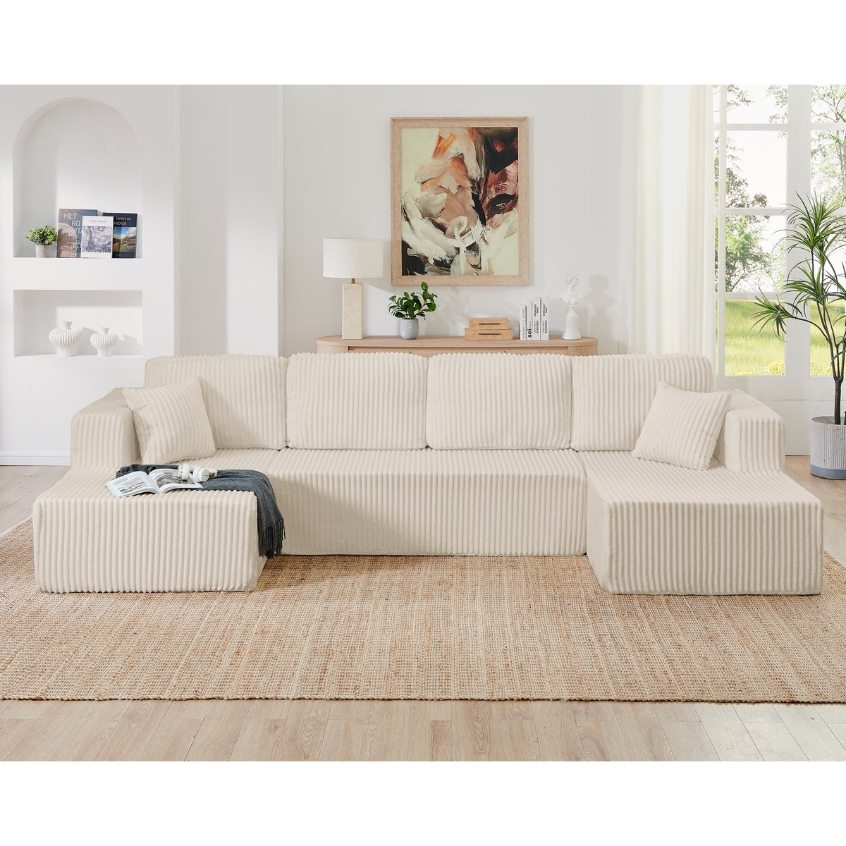 U-Shaped Modular Corduroy Sectional Sofa, Compressed Sleeper Couch