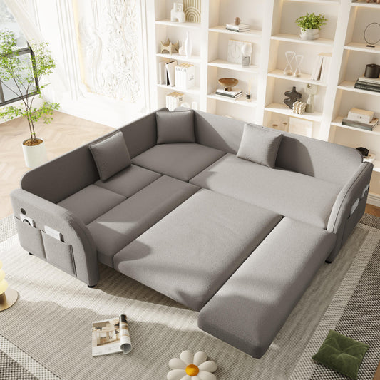 85.1" L-Shaped Chenille Sectional Sofa with Pull-Out Bed, Side Pocket & USB Port