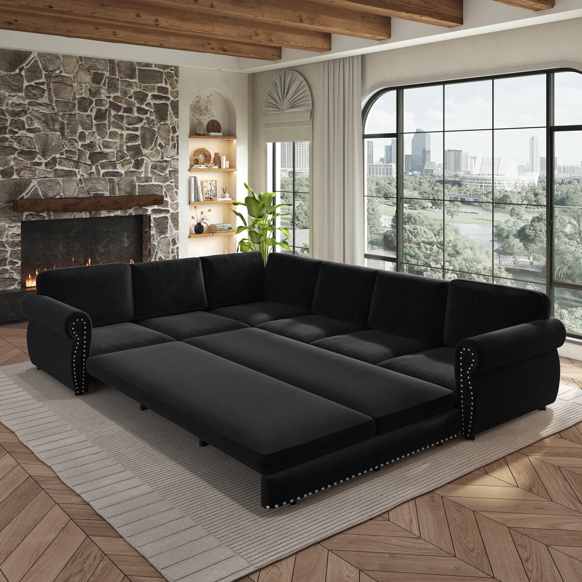 118" Oversized Convertible Sleeper Sofa with Nailhead Trim, L-Shaped Couch