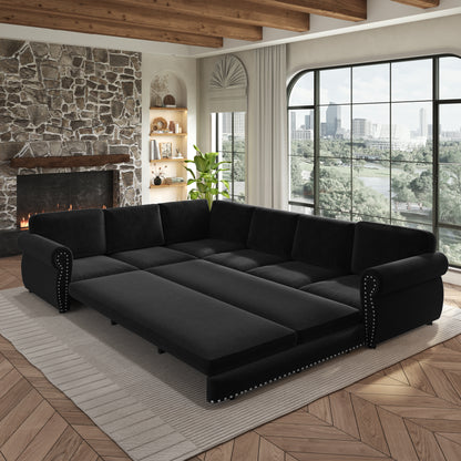 118" Oversized Convertible Sleeper Sofa with Nailhead Trim, L-Shaped Couch