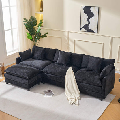 108" 4-Seater L-Shaped Modular Chenille Sofa with Ottoman, Deep Seat Cloud Couch