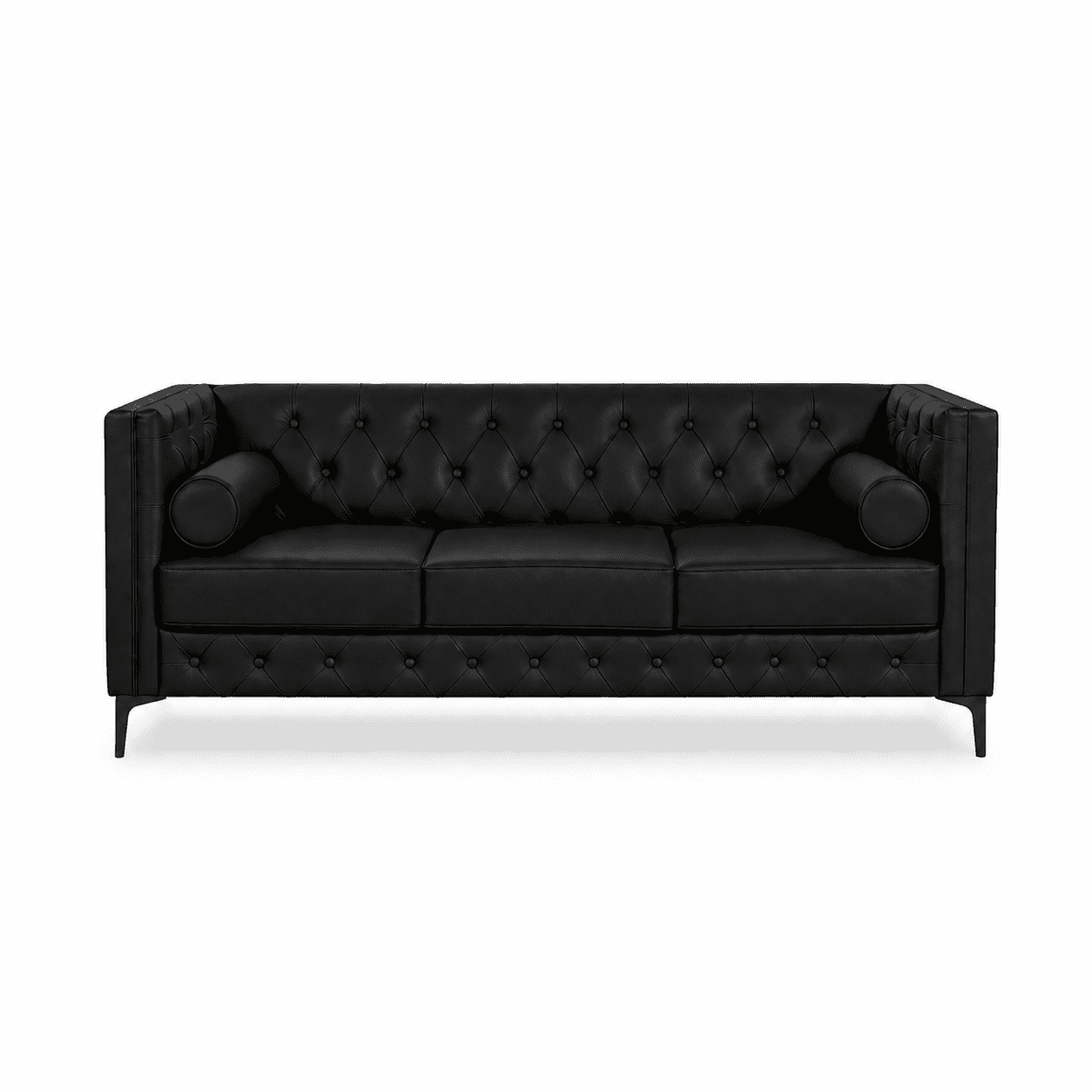 Black Faux Leather Sofa, Elegant 3-Seater Tufted Couch with Gold Metal Legs, Bolster Pillows and Pocket Spring Support for Living Room