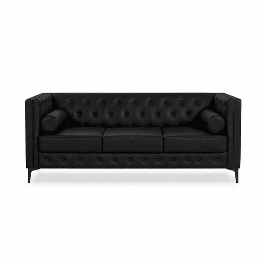 Black Faux Leather Sofa, Elegant 3-Seater Tufted Couch with Gold Metal Legs, Bolster Pillows and Pocket Spring Support for Living Room