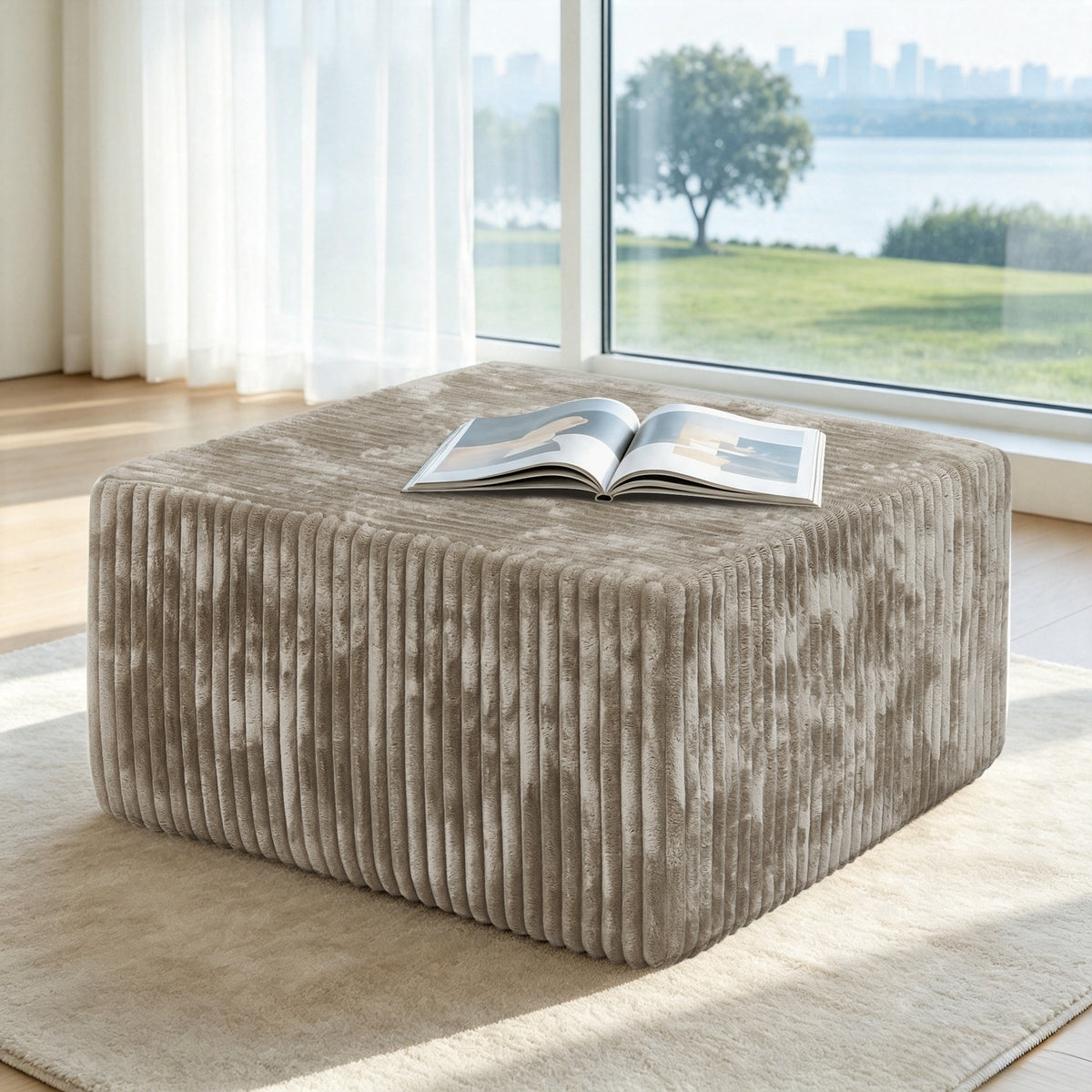 Square Striped Corduroy Modular Ottoman Cube, Upholstered Footstool