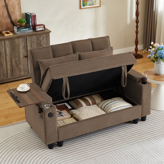 Loveseat Sofa With Storage ,USB Ports, Cup Holder and Swivel Side Table
