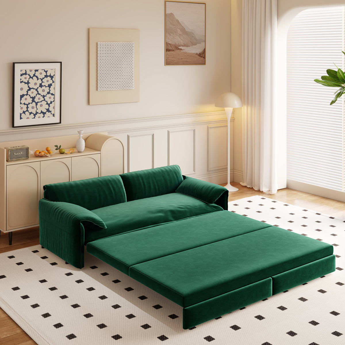 Queen Pull-Out Velvet Sleeper Sofa, 3-in-1 Convertible Bed with Side Storage