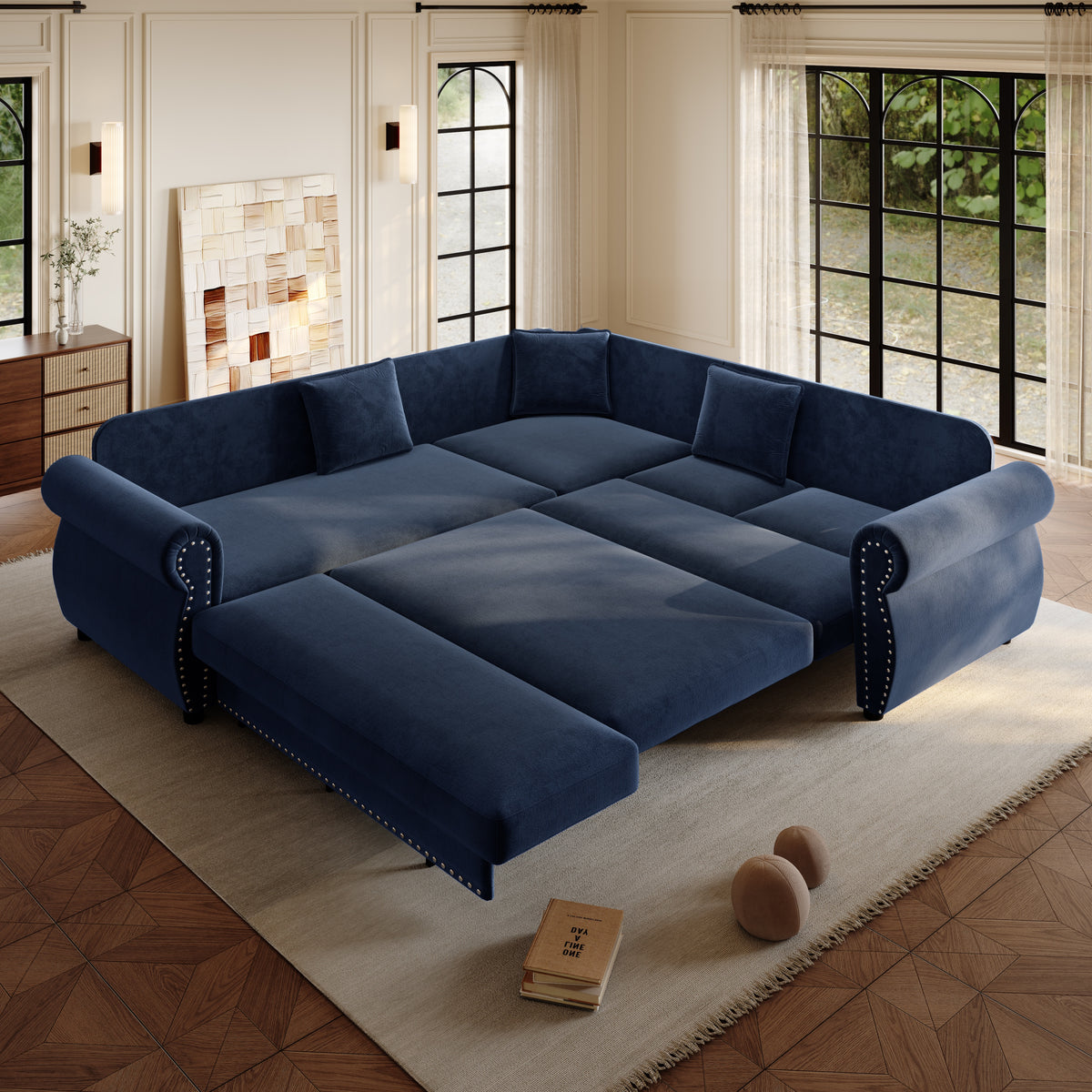 88.2" L-Shaped Chenille Sectional Sofa with Pull-Out Bed & Rolled Arm