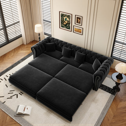 89" 3-Seater Velvet Chesterfield Sofa Bed with Movable Ottoman