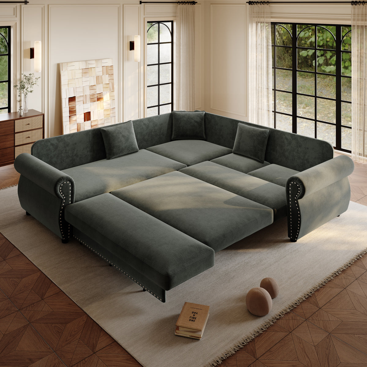 88.2" L-Shaped Chenille Sectional Sofa with Pull-Out Bed & Rolled Arm