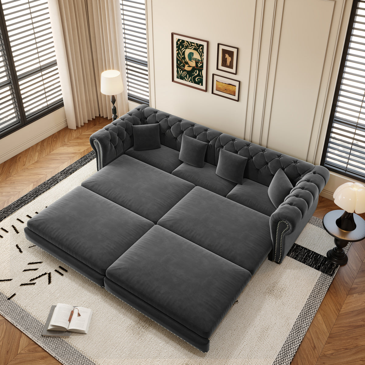 89" 3-Seater Velvet Chesterfield Sofa Bed with Movable Ottoman