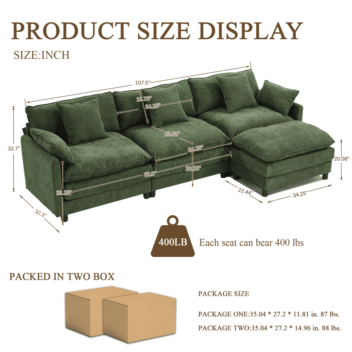 108" 4-Seater L-Shaped Modular Chenille Sofa with Ottoman, Deep Seat Cloud Couch