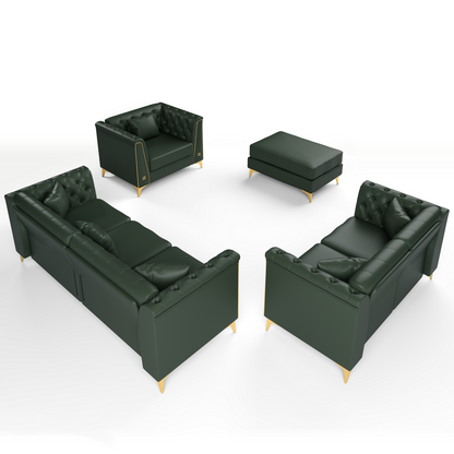 6 Pillows Light Luxury Chesterfield Sofa, Faux Leather, Thin Metal Legs, Metal Trim Armrests & Button Tufting