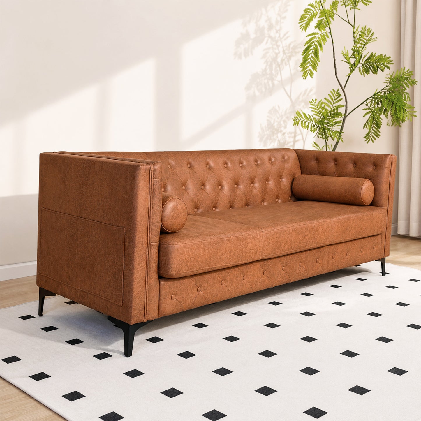 Brown Leather Sofa, Classic 3-Seater Living Room Couch with Button Tufted Design, Pocket Spring Cushion and Sturdy Wood Frame
