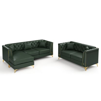 5 Pillows Light Luxury Chesterfield Sofa, Faux Leather, Metal Trim Armrests, Button Tufting & Thin Metal Legs