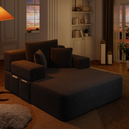 Oversized Plush Corduroy Chaise Lounge Sofa, Convertible Sleeper Couch Bed with Storage Pockets & 3 Pillows