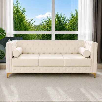 White Faux Leather Couch, Modern Tufted 3-Seat Sofa with Decorative Pillows, Metal Legs and High-Rebound Sponge Comfort for Home