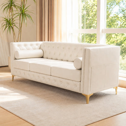 White Faux Leather Couch, Modern Tufted 3-Seat Sofa with Decorative Pillows, Metal Legs and High-Rebound Sponge Comfort for Home