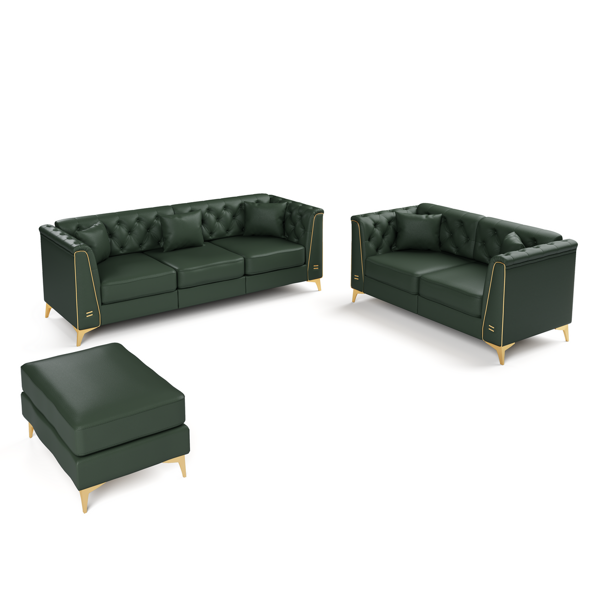 5 Pillows Light Luxury Chesterfield Sofa, Faux Leather, Metal Trim Armrests, Button Tufting & Thin Metal Legs
