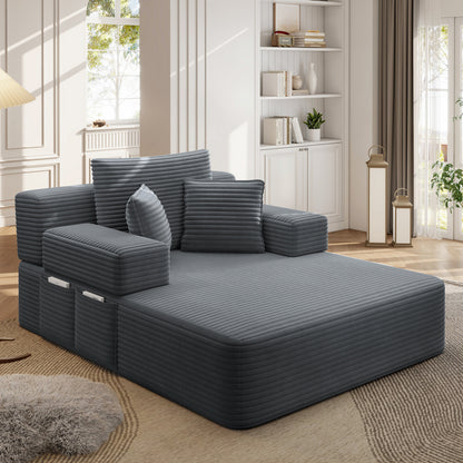 Oversized Plush Corduroy Chaise Lounge Sofa, Convertible Sleeper Couch Bed with Storage Pockets & 3 Pillows