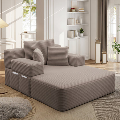 Oversized Plush Corduroy Chaise Lounge Sofa, Convertible Sleeper Couch Bed with Storage Pockets & 3 Pillows