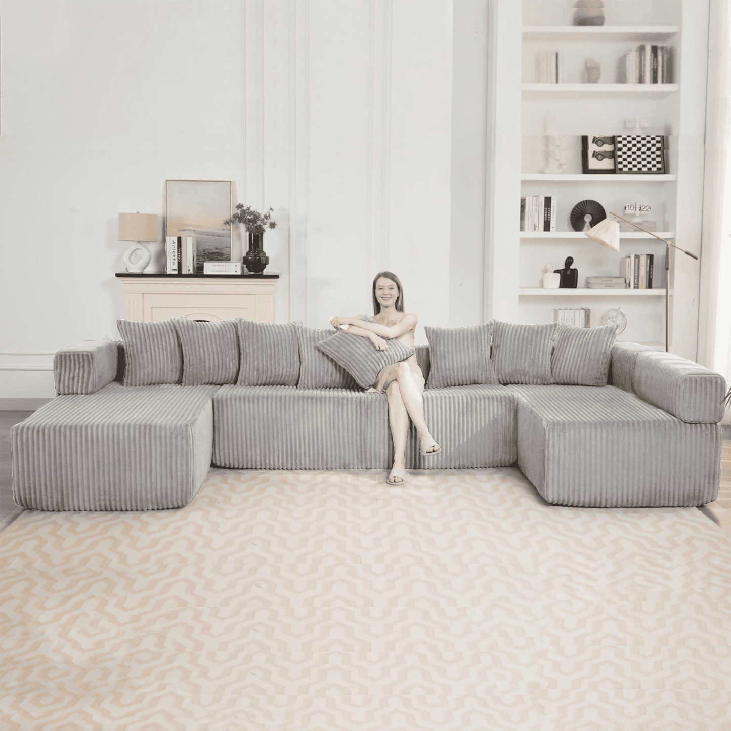 Light Gray 6-Seat U-Shaped Modular Sectional Sofa – Plush Corduroy Sleeper Couch with 8 Pillows & Flexible Configuration