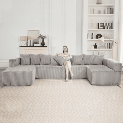 Light Gray 6-Seat U-Shaped Modular Sectional Sofa – Plush Corduroy Sleeper Couch with 8 Pillows & Flexible Configuration