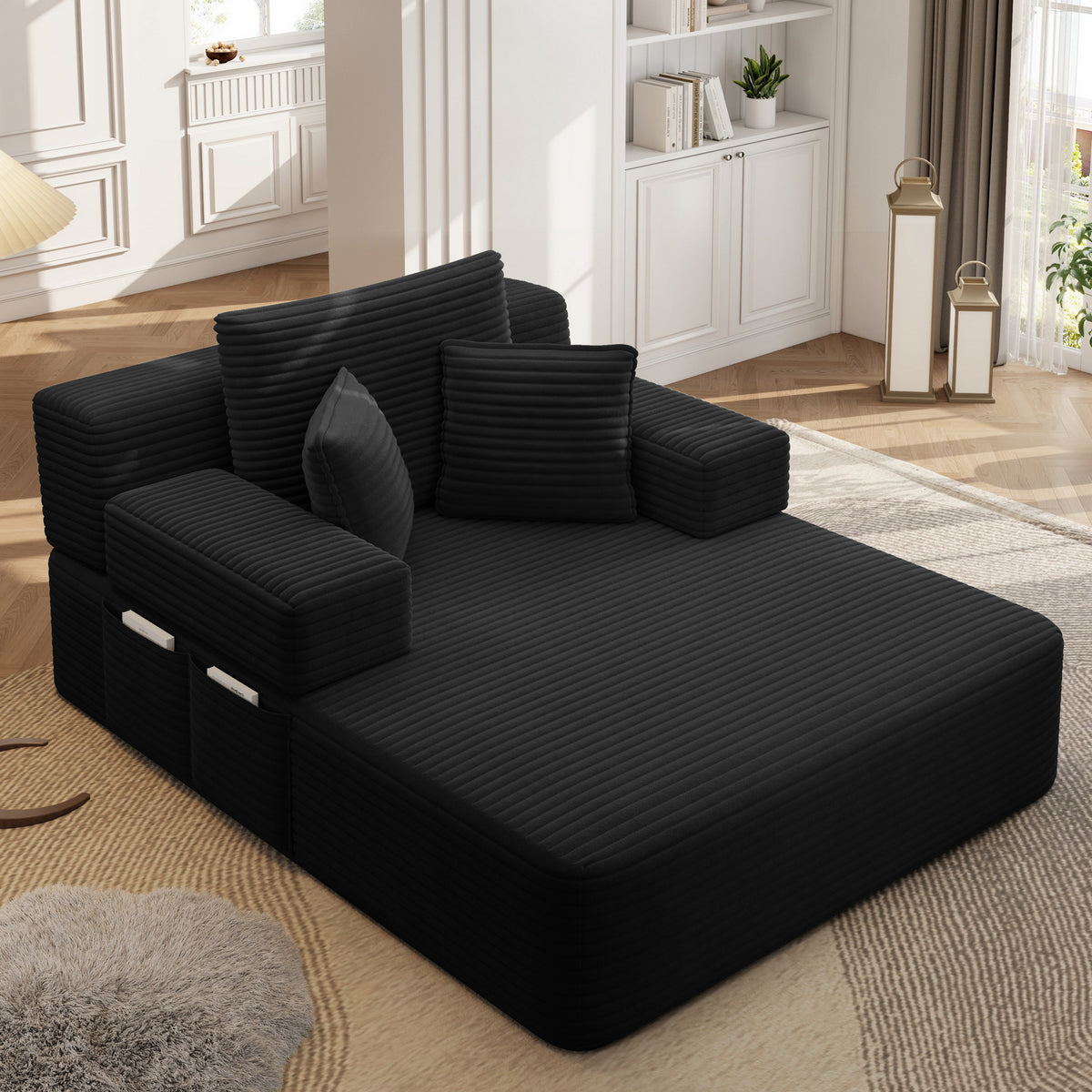 Oversized Plush Corduroy Chaise Lounge Sofa, Convertible Sleeper Couch Bed with Storage Pockets & 3 Pillows