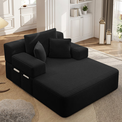 Oversized Plush Corduroy Chaise Lounge Sofa, Convertible Sleeper Couch Bed with Storage Pockets & 3 Pillows