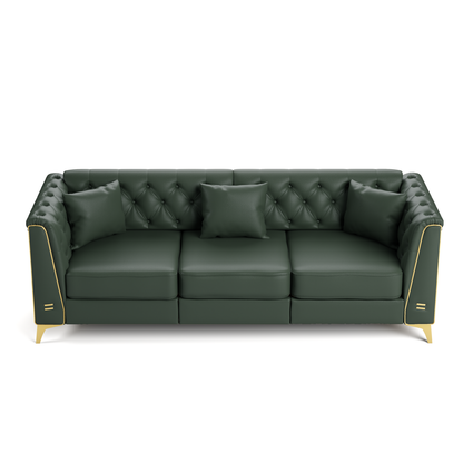 6 Pillows Light Luxury Chesterfield Sofa, Faux Leather, Thin Metal Legs, Metal Trim Armrests & Button Tufting