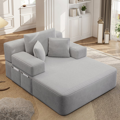 Oversized Plush Corduroy Chaise Lounge Sofa, Convertible Sleeper Couch Bed with Storage Pockets & 3 Pillows