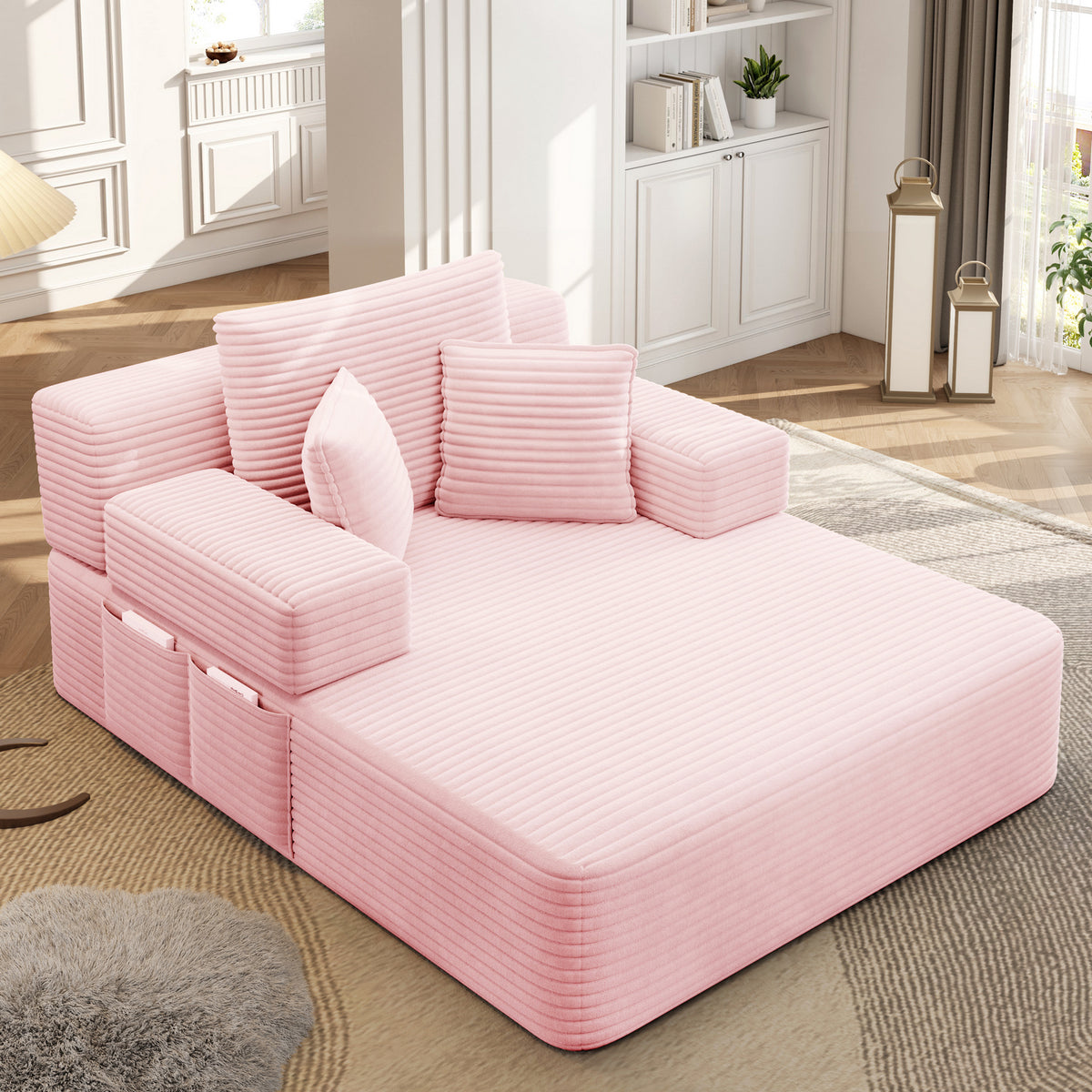 Oversized Plush Corduroy Chaise Lounge Sofa, Convertible Sleeper Couch Bed with Storage Pockets & 3 Pillows
