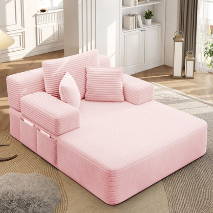Oversized Plush Corduroy Chaise Lounge Sofa, Convertible Sleeper Couch Bed with Storage Pockets & 3 Pillows